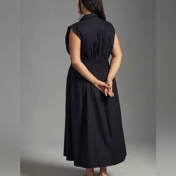 Anthropologie Maeve Button Down Midi Shirt Dress Cinch Tie Waist Navy Womens XXS - Picture 2 of 12